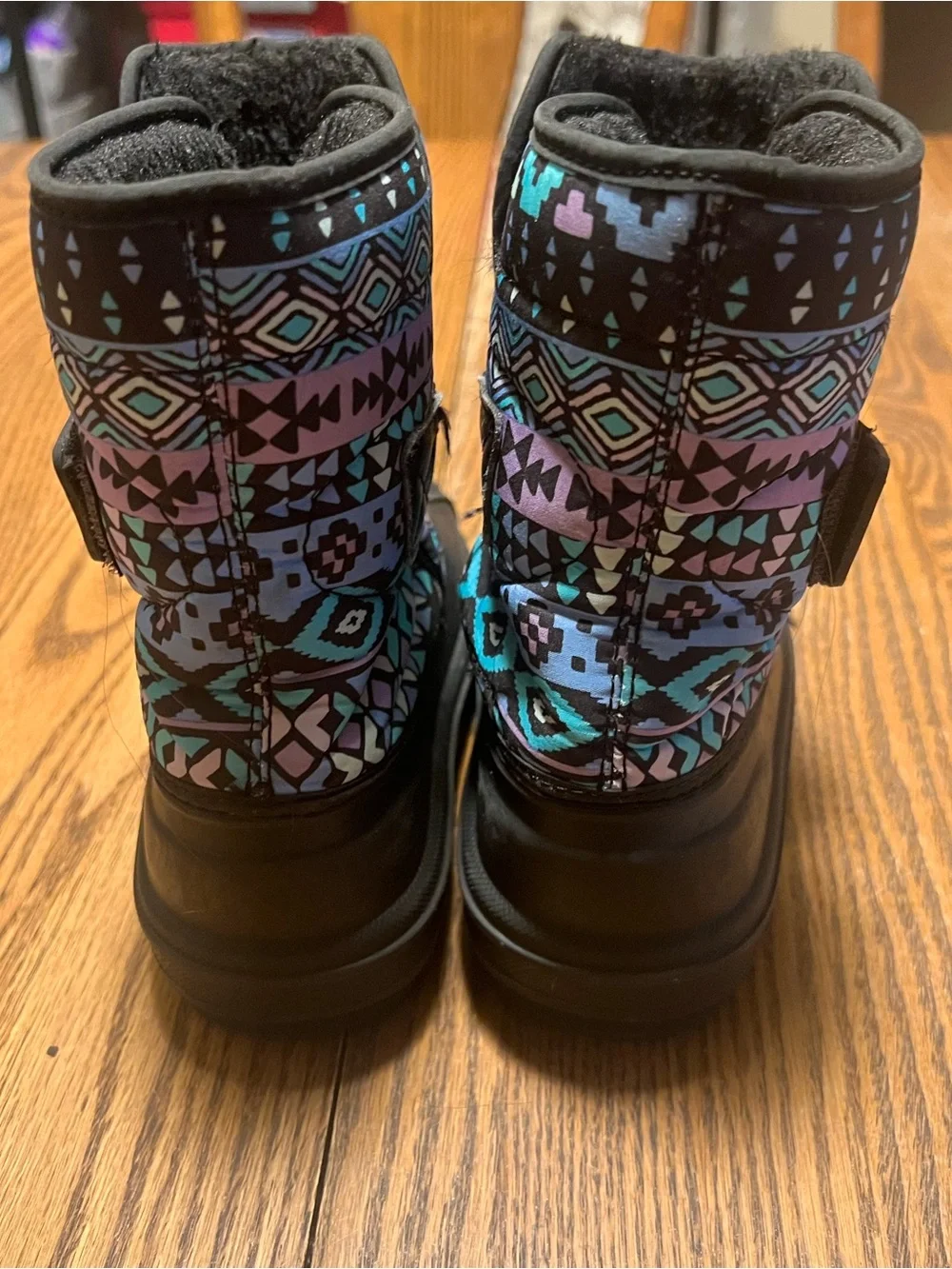 Place Black Kids Snow Boots with Pastel Teal and Lavender Aztec Print